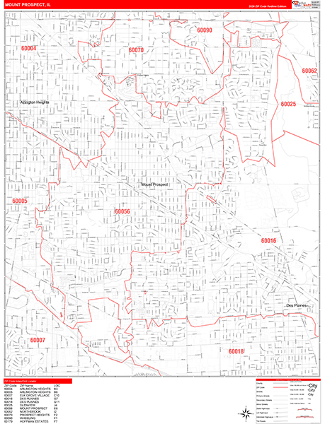 Mount Prospect City Wall Map Red Line Style